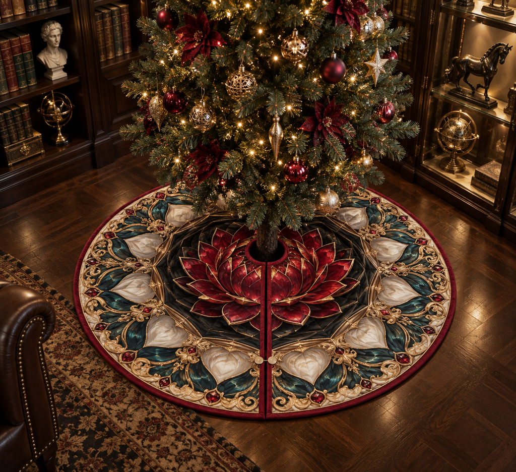 Red Lotus Mandala Collector Birthday Christmas Tree Skirt with flat printed optical 3D lotus reliquary in ruby obsidian peacock teal alabaster and museum gold