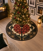 Red Lotus Mandala Gallery Wall Christmas Tree Skirt with flat printed optical 3D layered frames in vermilion ink black cream jade and brushed bronze