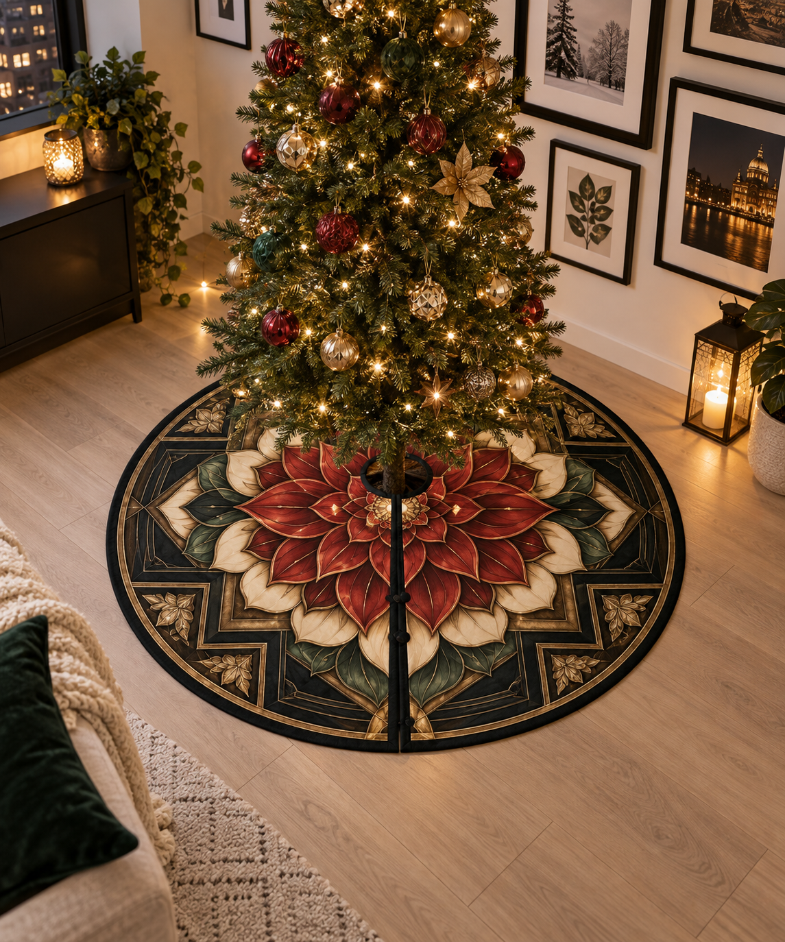 Red Lotus Mandala Gallery Wall Christmas Tree Skirt with flat printed optical 3D layered frames in vermilion ink black cream jade and brushed bronze