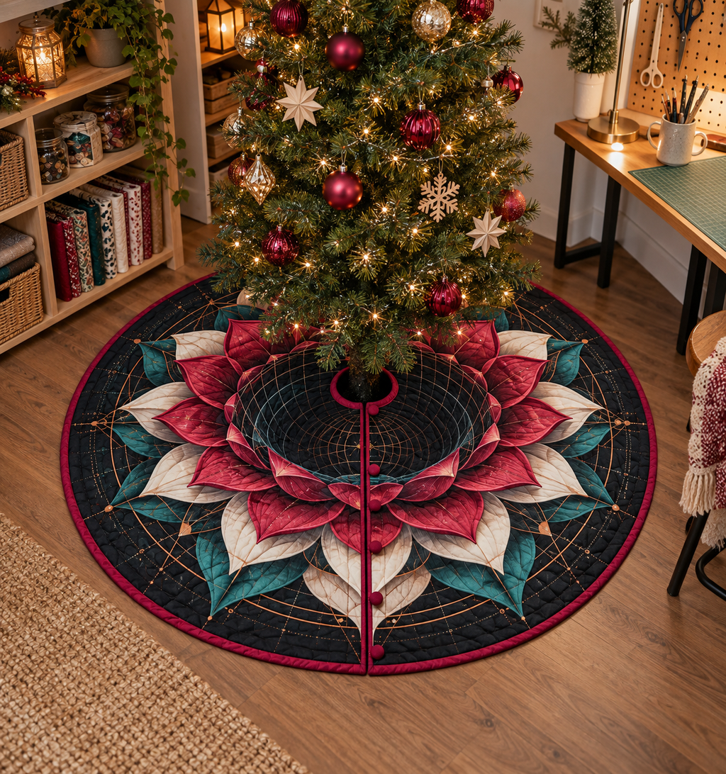 Red Lotus Mandala Hobby Studio Christmas Tree Skirt with flat printed optical 3D drafting tunnel in magenta red carbon turquoise canvas white and copper