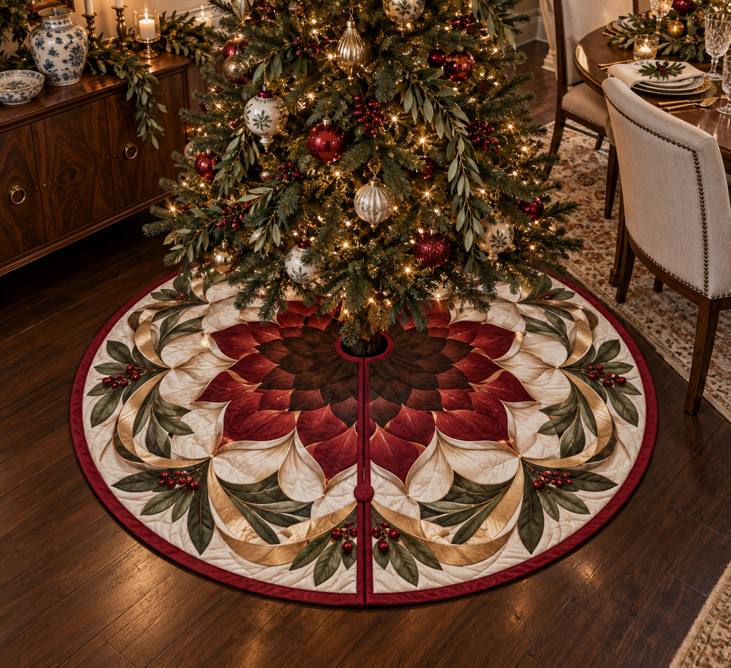 Red Lotus Mandala Host Thank You Christmas Tree Skirt with flat printed optical 3D hospitality arch in cranberry espresso porcelain olive and champagne gold