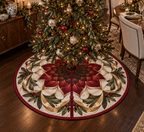 Red Lotus Mandala Host Thank You Christmas Tree Skirt with flat printed optical 3D hospitality arch in cranberry espresso porcelain olive and champagne gold