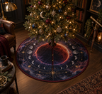 Lunar Eclipse Reading Nook Christmas Tree Skirt with flat printed optical 3D lunar eclipse in midnight navy ember red silver violet and antique brass