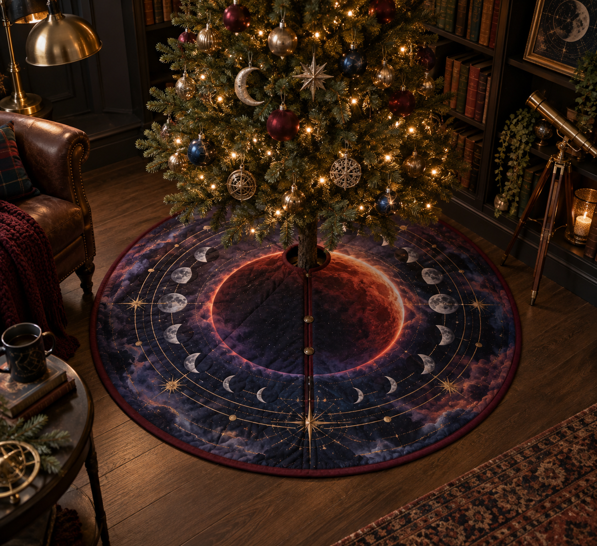 Lunar Eclipse Reading Nook Christmas Tree Skirt with flat printed optical 3D lunar eclipse in midnight navy ember red silver violet and antique brass