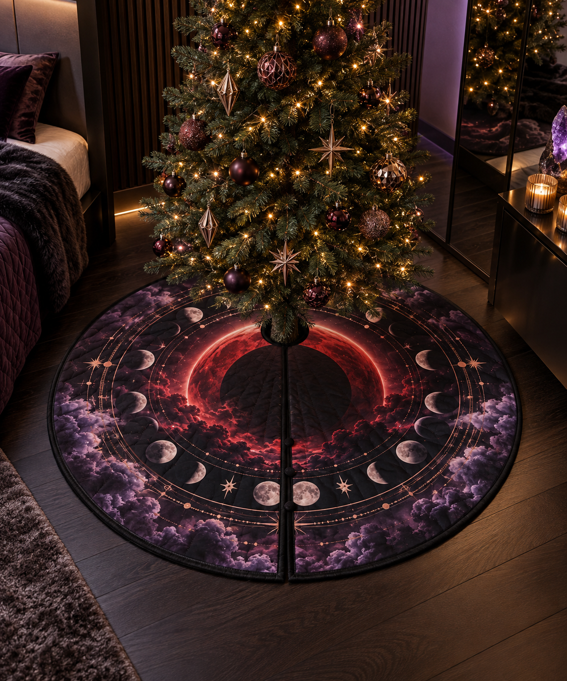 Lunar Eclipse Bedroom Christmas Tree Skirt with flat printed optical 3D blood moon in black pearl amethyst and rose gold