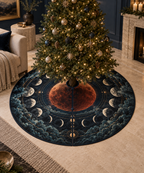 Lunar Eclipse Living Room Christmas Tree Skirt with flat printed optical 3D eclipse in indigo copper red bone white dark teal and aged brass