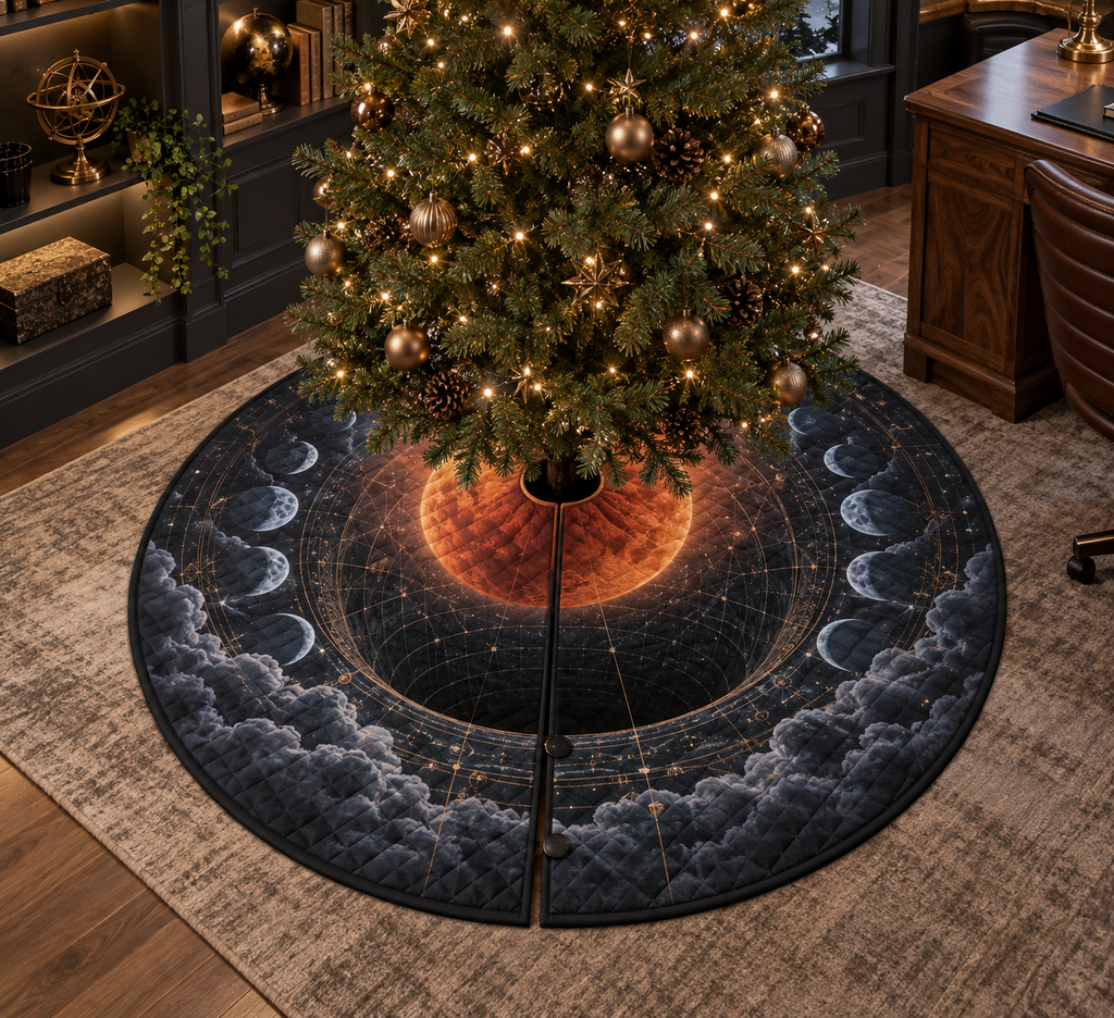 Lunar Eclipse Home Office Christmas Tree Skirt with flat printed optical 3D eclipse in graphite eclipse orange ice blue slate and brass