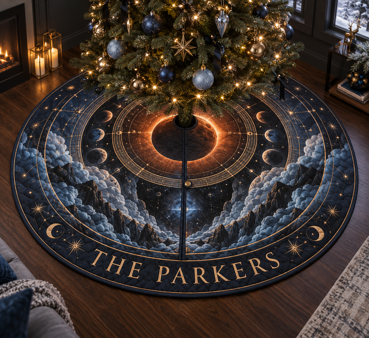 Personalized Lunar Eclipse Christmas Tree Skirt showing The Parkers within flat printed optical 3D lunar eclipse portal in graphite eclipse orange ice blue slate and brass