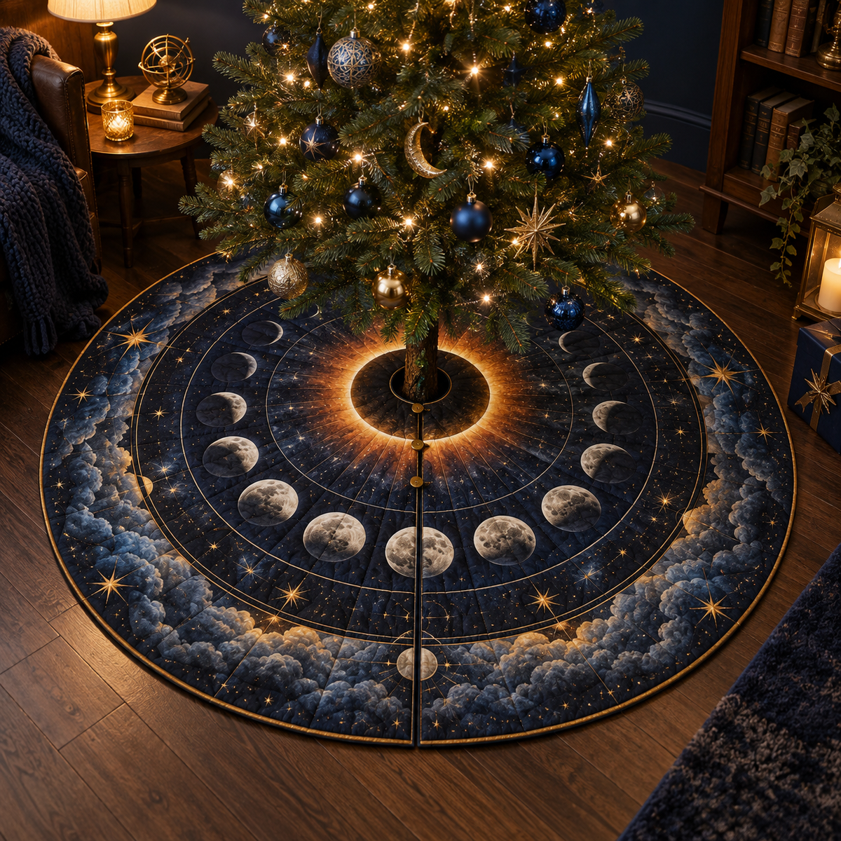 Lunar Eclipse Quiet Corner Christmas Tree Skirt with flat printed optical 3D eclipse in midnight indigo amber smoky blue antique gold and charcoal