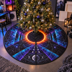 Lunar Eclipse Hobby Studio Christmas Tree Skirt with flat printed optical 3D eclipse in ultraviolet electric cyan orange ink black and silver