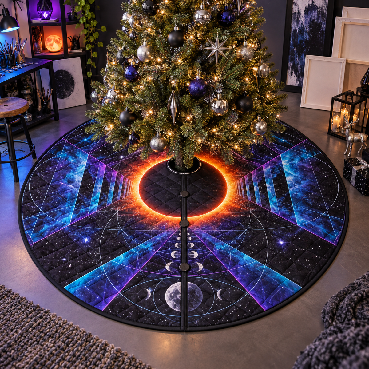 Lunar Eclipse Hobby Studio Christmas Tree Skirt with flat printed optical 3D eclipse in ultraviolet electric cyan orange ink black and silver