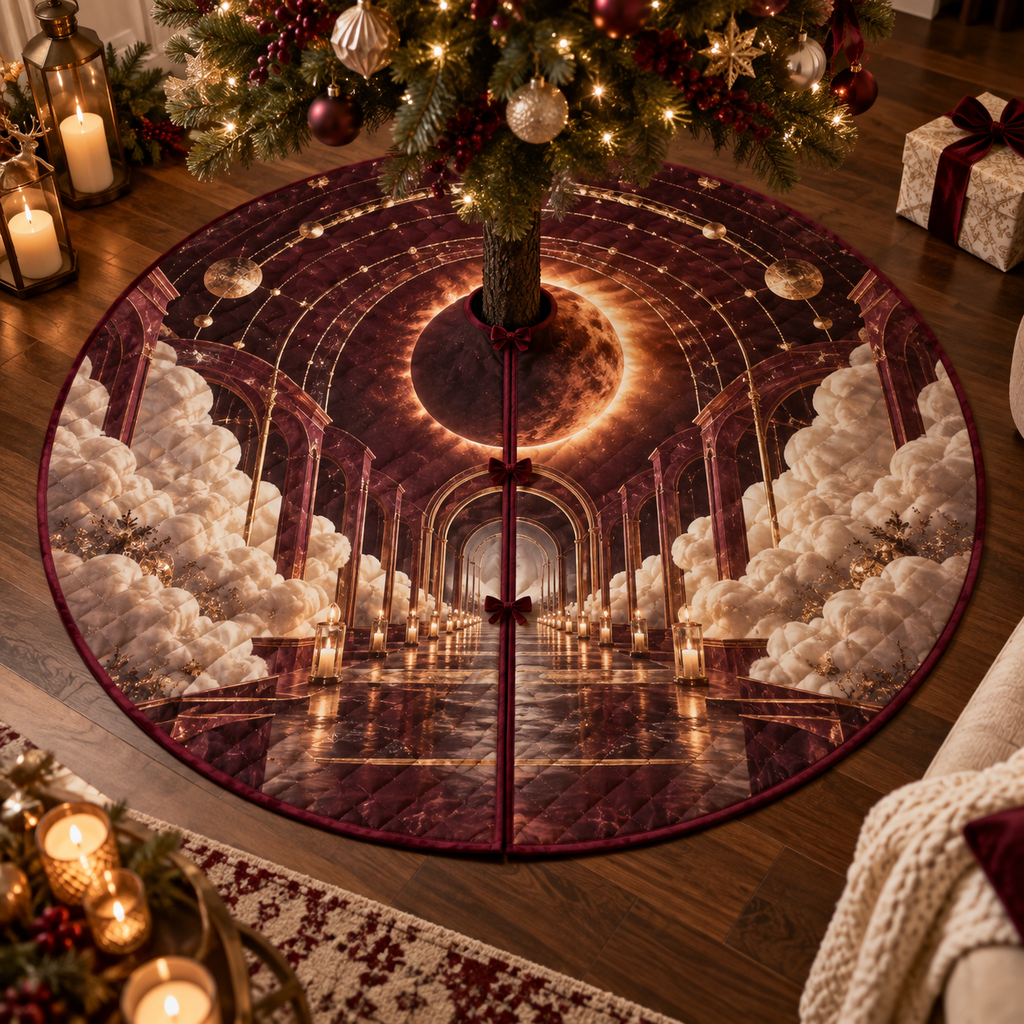 Lunar Eclipse Host Thank You Christmas Tree Skirt with flat printed optical 3D eclipse in burgundy copper cream deep plum and champagne gold