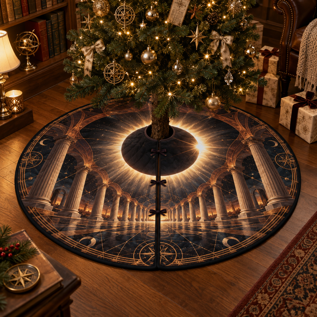 Solar Eclipse Reading Nook Christmas Tree Skirt with flat printed optical 3D solar eclipse in black white gold burnt sienna parchment and navy