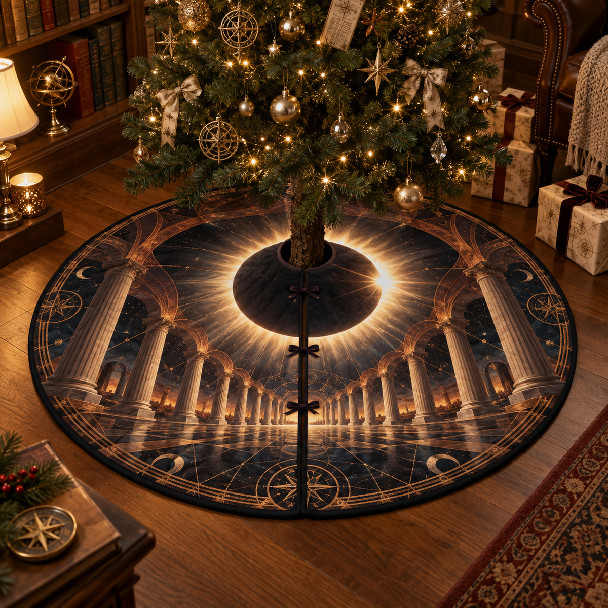Solar Eclipse Reading Nook Christmas Tree Skirt with flat printed optical 3D solar eclipse in black white gold burnt sienna parchment and navy