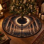 Solar Eclipse Reading Nook Christmas Tree Skirt with flat printed optical 3D solar eclipse in black white gold burnt sienna parchment and navy