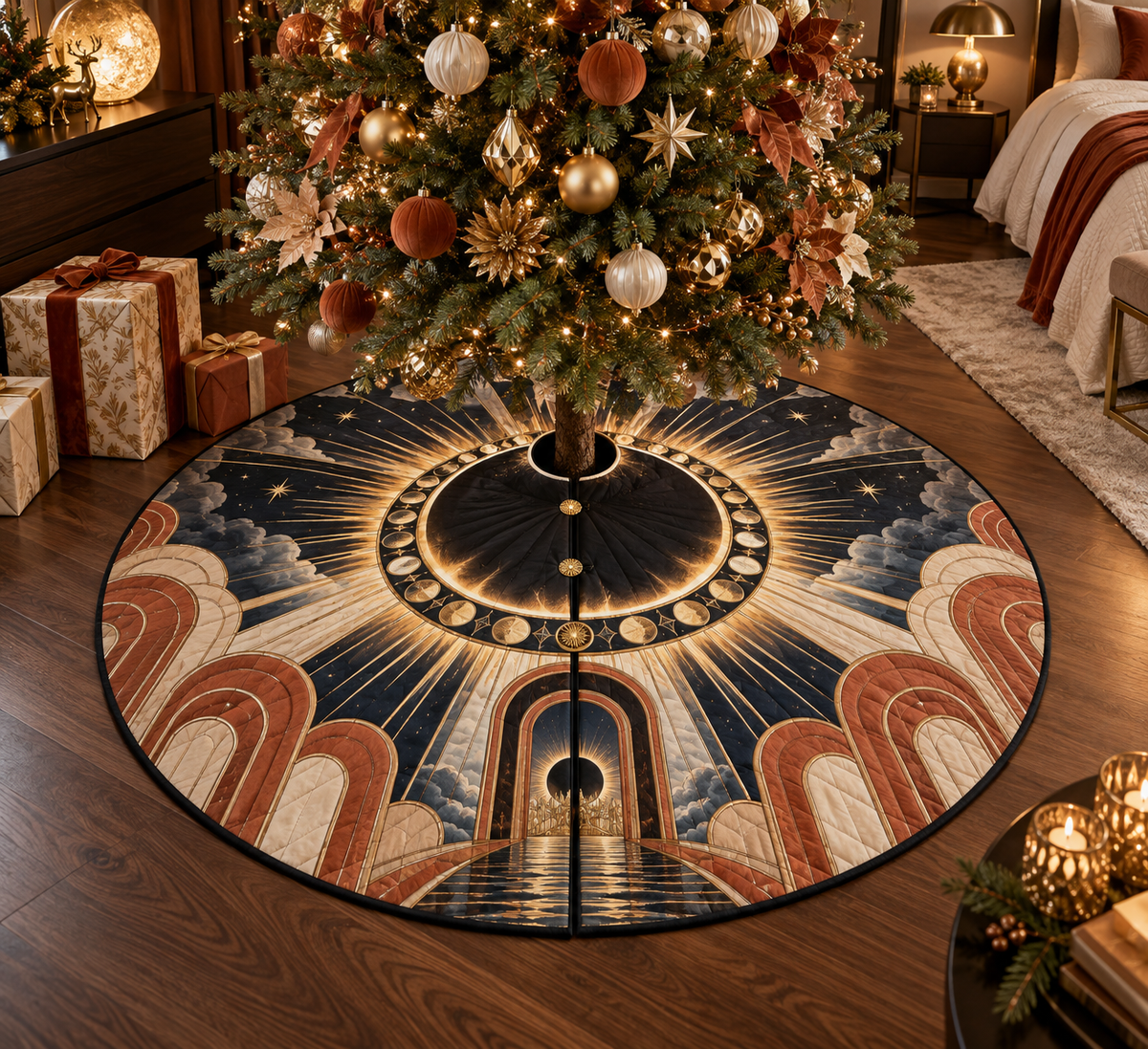 Solar Eclipse Bedroom Statement Christmas Tree Skirt with flat printed optical 3D solar eclipse in matte black molten gold terracotta ivory and deep navy