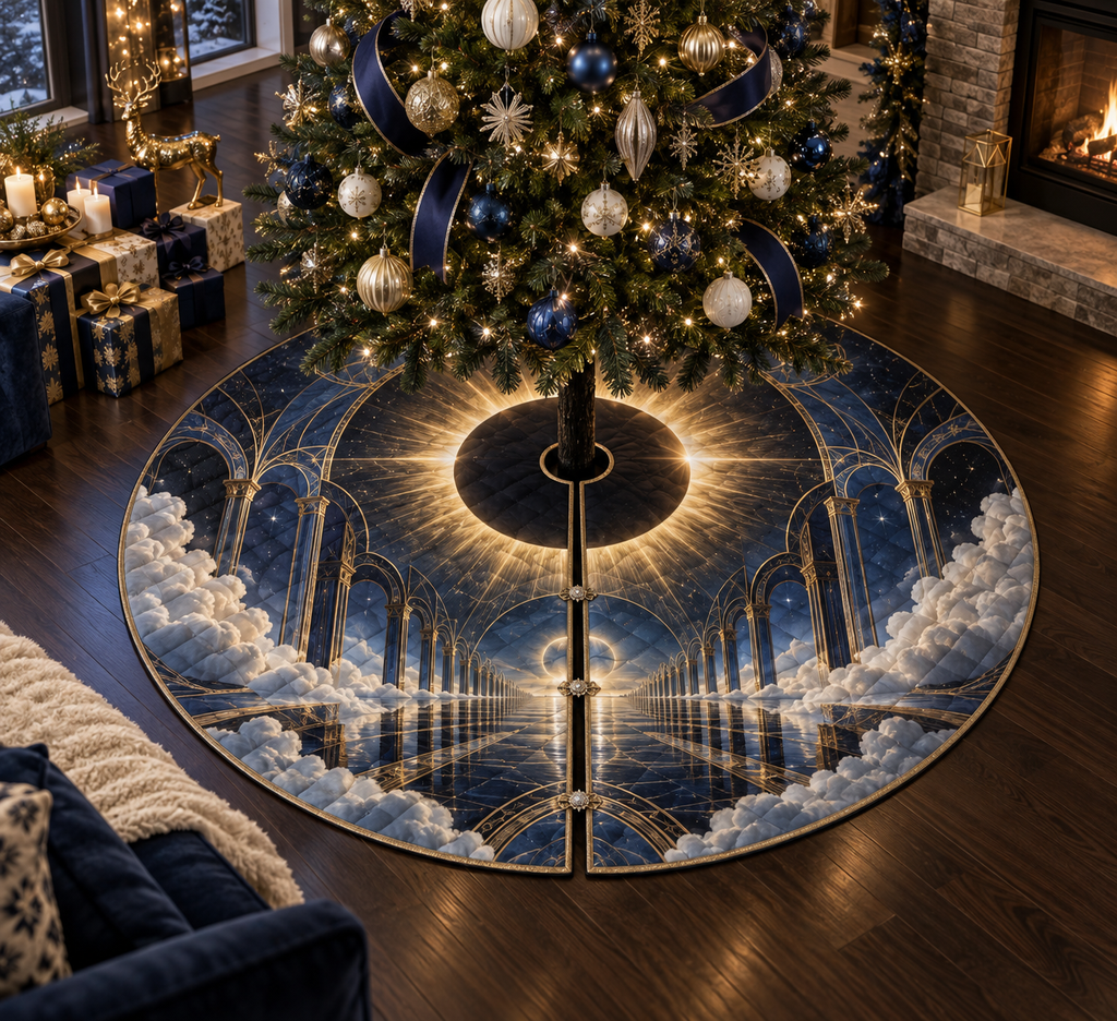 Solar Eclipse Living Room Christmas Tree Skirt with flat printed optical 3D solar eclipse in sapphire black platinum gold smoky white and bronze
