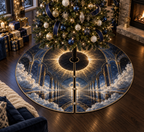 Solar Eclipse Living Room Christmas Tree Skirt with flat printed optical 3D solar eclipse in sapphire black platinum gold smoky white and bronze