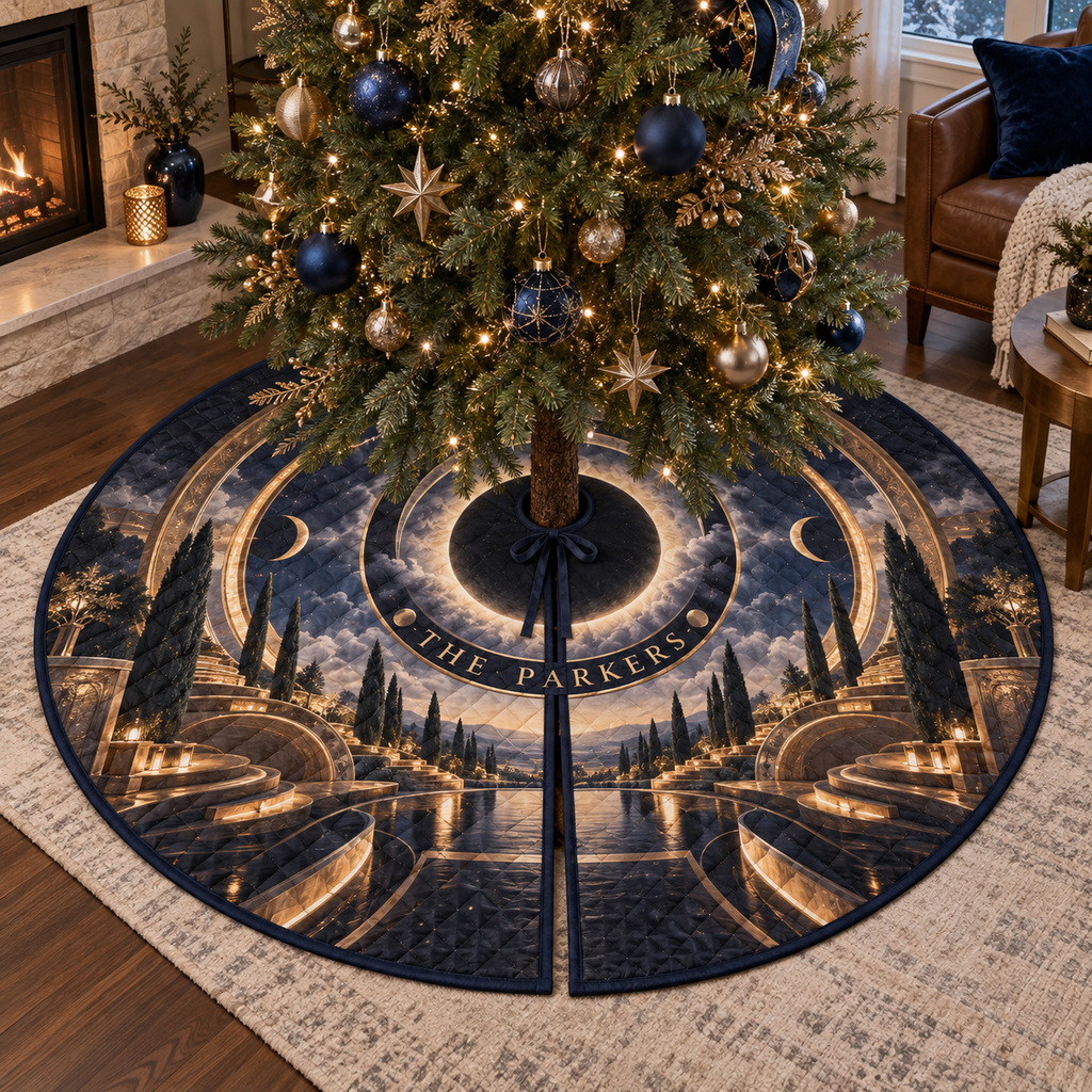 Personalized Solar Eclipse Christmas Tree Skirt showing The Parkers within flat printed optical 3D solar eclipse portal in graphite eclipse orange ice blue slate and brass