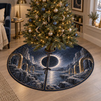 Solar Eclipse Quiet Corner Christmas Tree Skirt with flat printed optical 3D solar eclipse in sapphire black platinum gold smoky white and bronze