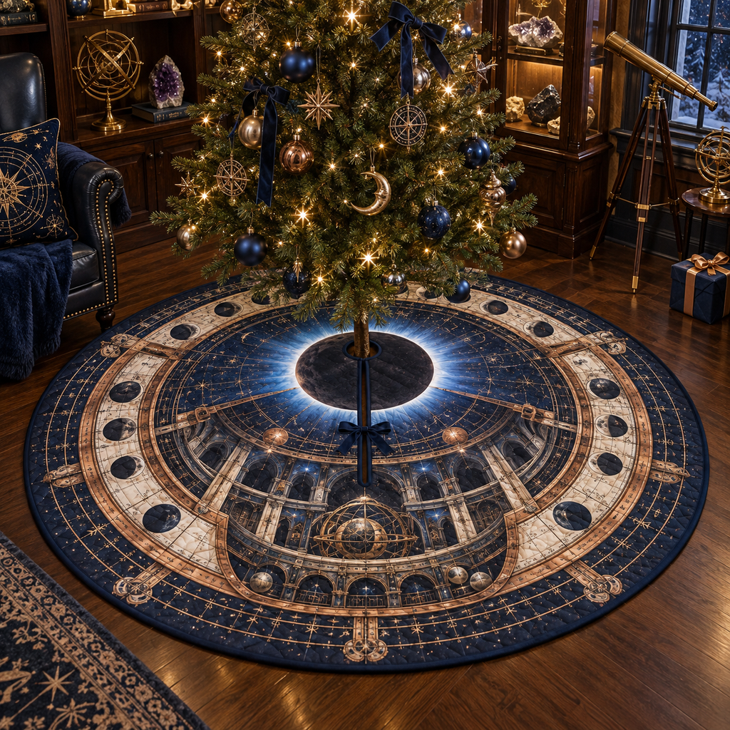 Solar Eclipse Collector Keepsake Christmas Tree Skirt with flat printed optical 3D solar eclipse in sapphire black platinum gold smoky white and bronze