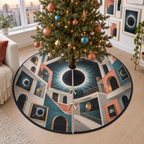 Solar Eclipse Apartment Gallery Christmas Tree Skirt with flat printed optical 3D solar eclipse in sapphire black platinum gold smoky white and bronze