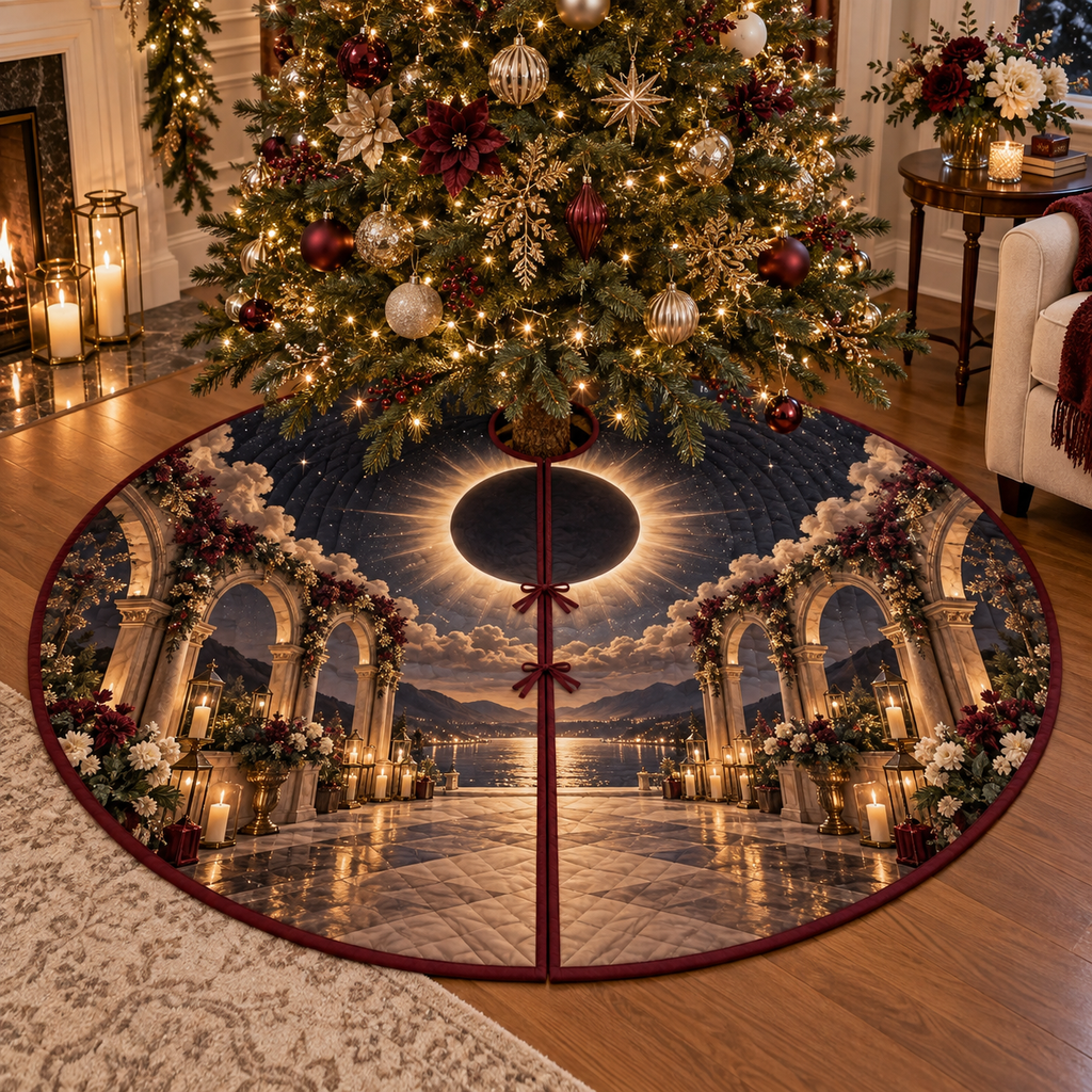 Solar Eclipse Host Thank You Christmas Tree Skirt with flat printed optical 3D solar eclipse in sapphire black platinum gold smoky white and bronze