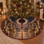 Solar Eclipse Host Thank You Christmas Tree Skirt with flat printed optical 3D solar eclipse in sapphire black platinum gold smoky white and bronze