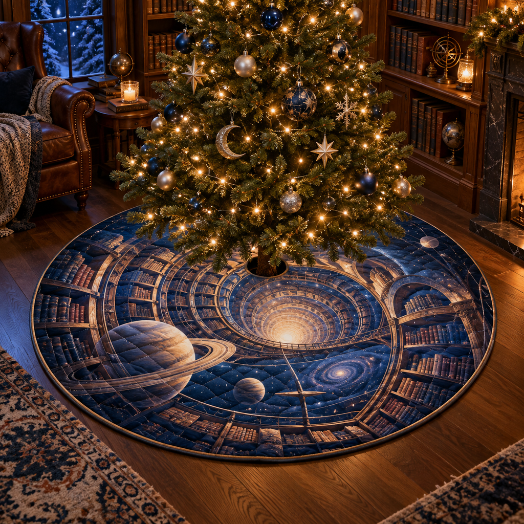 Ringed Planet Reading Nook Christmas Tree Skirt with flat printed optical 3D ringed planet library corridor in sapphire amber pearl ice copper navy and walnut