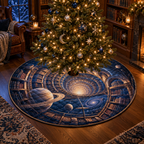 Ringed Planet Reading Nook Christmas Tree Skirt with flat printed optical 3D ringed planet library corridor in sapphire amber pearl ice copper navy and walnut