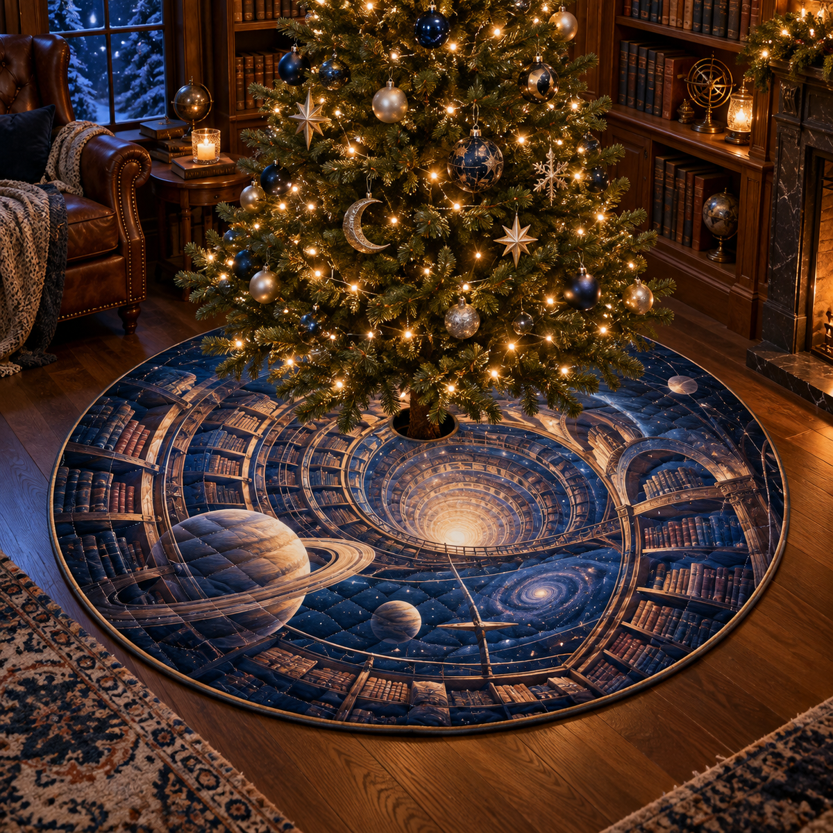 Ringed Planet Reading Nook Christmas Tree Skirt with flat printed optical 3D ringed planet library corridor in sapphire amber pearl ice copper navy and walnut