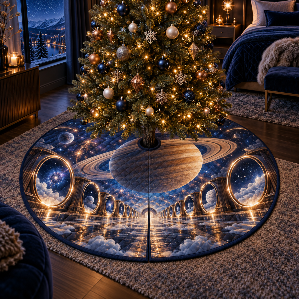 Ringed Planet Bedroom Statement Christmas Tree Skirt with flat printed optical 3D ringed planet celestial corridor in sapphire amber pearl ice copper and navy