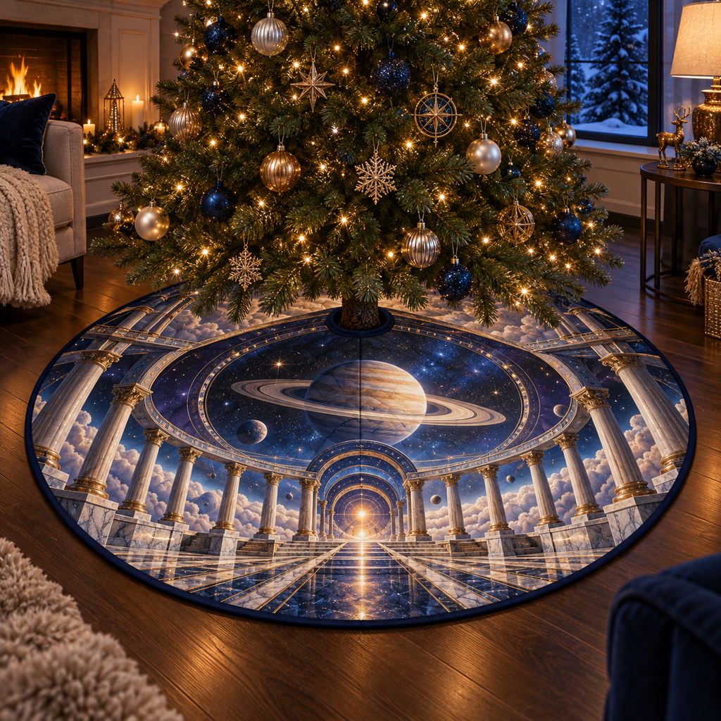 Ringed Planet Living Room Focal Point Christmas Tree Skirt with flat printed optical 3D ringed planet celestial colonnade in sapphire amber pearl ice copper navy and walnut