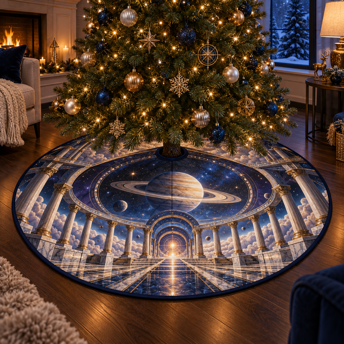 Ringed Planet Living Room Focal Point Christmas Tree Skirt with flat printed optical 3D ringed planet celestial colonnade in sapphire amber pearl ice copper navy and walnut