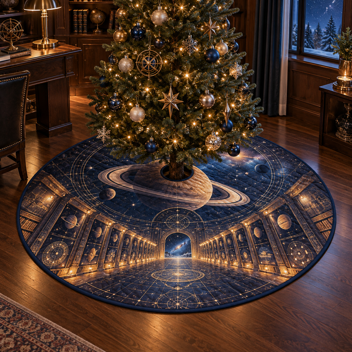 Ringed Planet Home Office Backdrop Christmas Tree Skirt with flat printed optical 3D ringed planet archive corridor in sapphire amber pearl ice copper navy and walnut