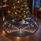 Ringed Planet Home Office Backdrop Christmas Tree Skirt with flat printed optical 3D ringed planet archive corridor in sapphire amber pearl ice copper navy and walnut
