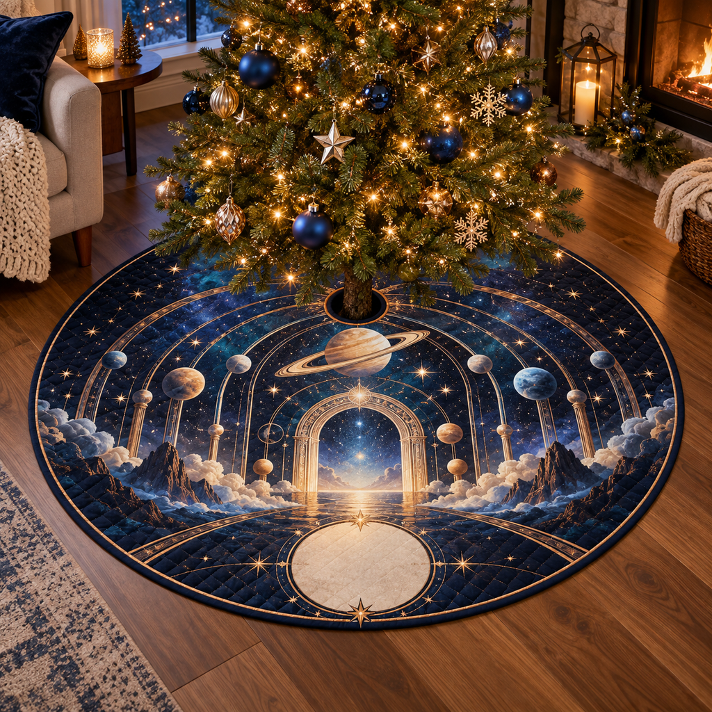 Personalized Ringed Planet Housewarming Tree Skirt with blank personalization area and flat printed optical 3D celestial doorway in sapphire amber pearl ice copper and navy