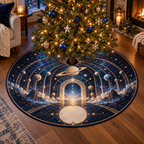 Personalized Ringed Planet Housewarming Tree Skirt with blank personalization area and flat printed optical 3D celestial doorway in sapphire amber pearl ice copper and navy