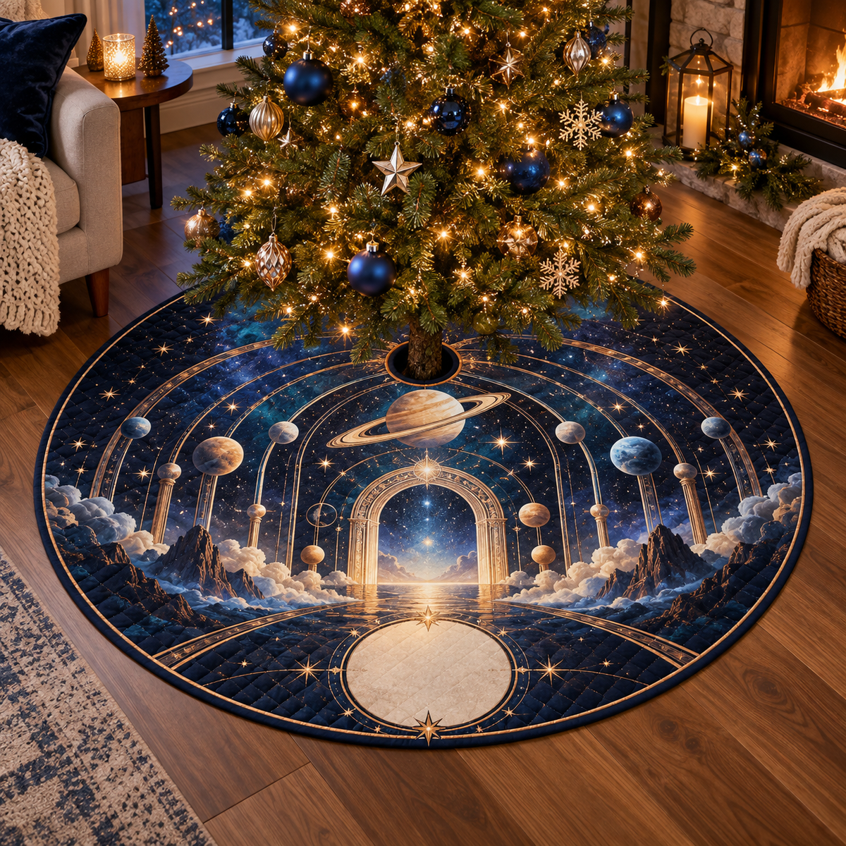 Personalized Ringed Planet Housewarming Tree Skirt with blank personalization area and flat printed optical 3D celestial doorway in sapphire amber pearl ice copper and navy