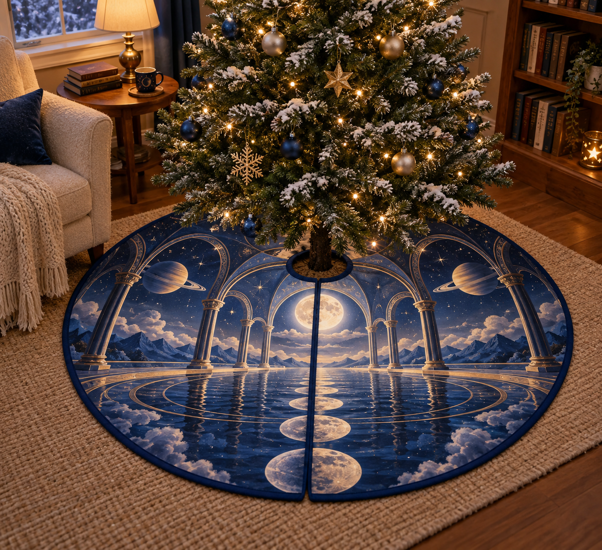 Ringed Planet Quiet Corner Decor Christmas Tree Skirt with flat printed optical 3D ringed planet moonlit arches in sapphire amber pearl ice copper navy and walnut