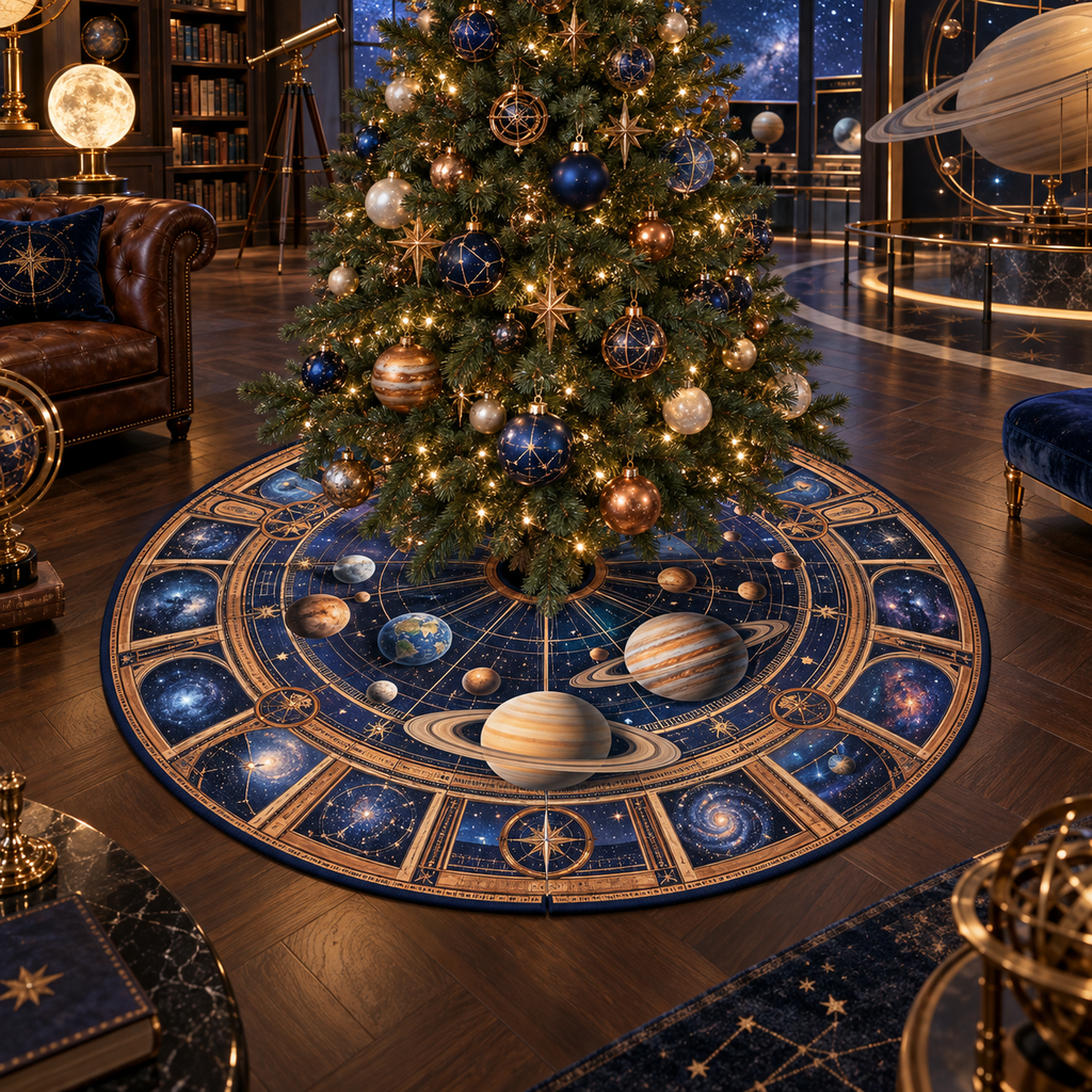 Ringed Planet Collector Birthday Keepsake Christmas Tree Skirt with flat printed optical 3D ringed planet orbital gallery in sapphire amber pearl ice copper navy and walnut