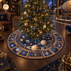Ringed Planet Collector Birthday Keepsake Christmas Tree Skirt with flat printed optical 3D ringed planet orbital gallery in sapphire amber pearl ice copper navy and walnut