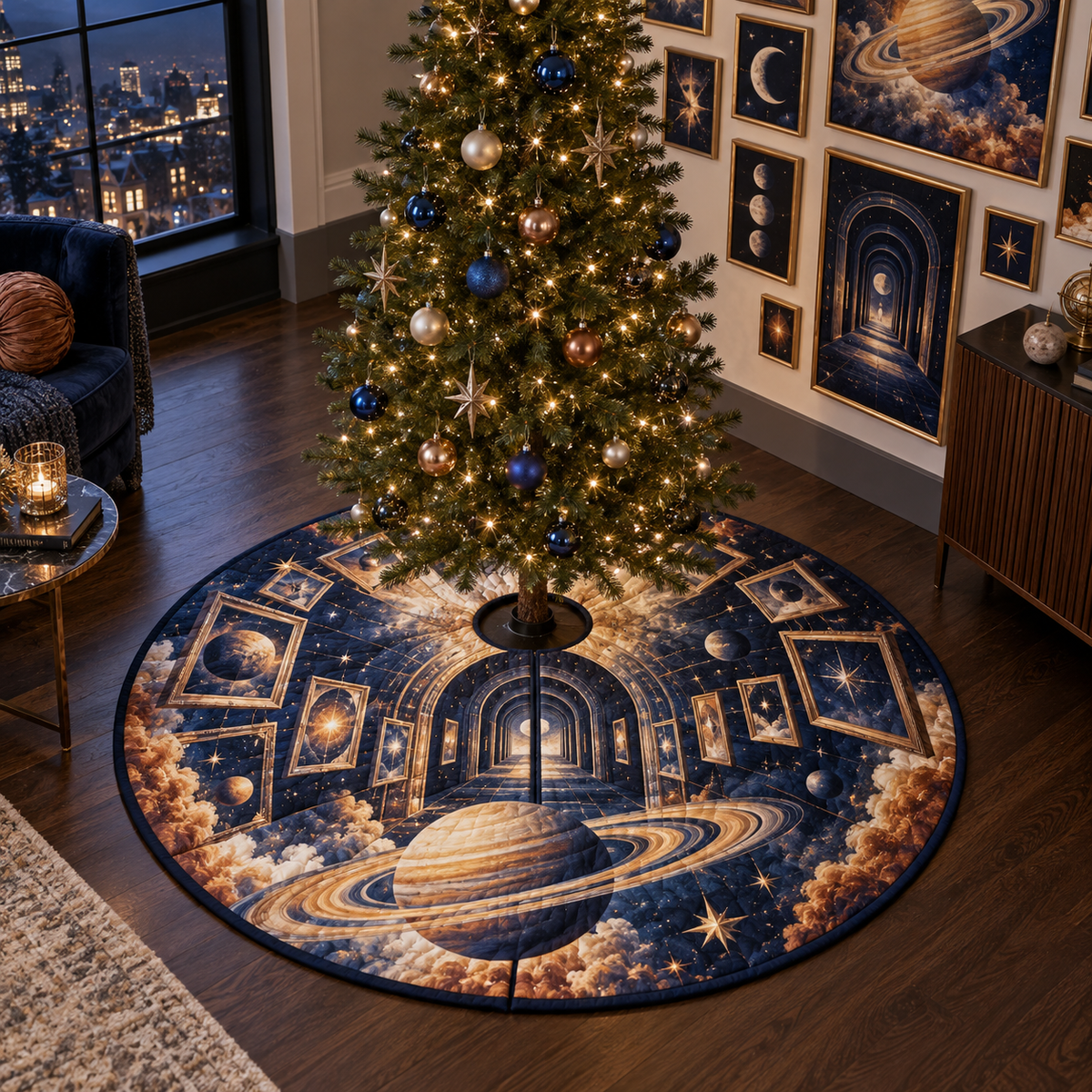 Ringed Planet Apartment Gallery Wall Christmas Tree Skirt with flat printed optical 3D ringed planet floating frames in sapphire amber pearl ice copper navy and walnut