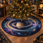 Ringed Planet Hobby Studio Identity Christmas Tree Skirt with flat printed optical 3D ringed planet in indigo teal violet warm gold and creative studio setting