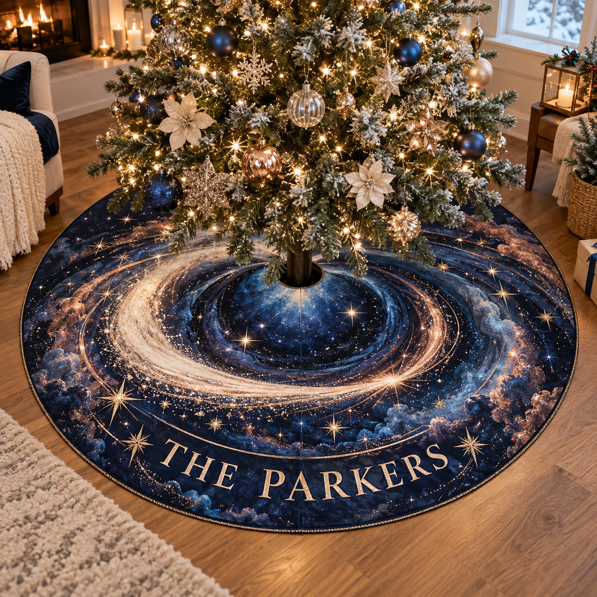 Personalized Comet Trail Housewarming Christmas Tree Skirt showing THE PARKERS example with flat printed optical 3D ivory rose gold sapphire comet trail in a warm new home