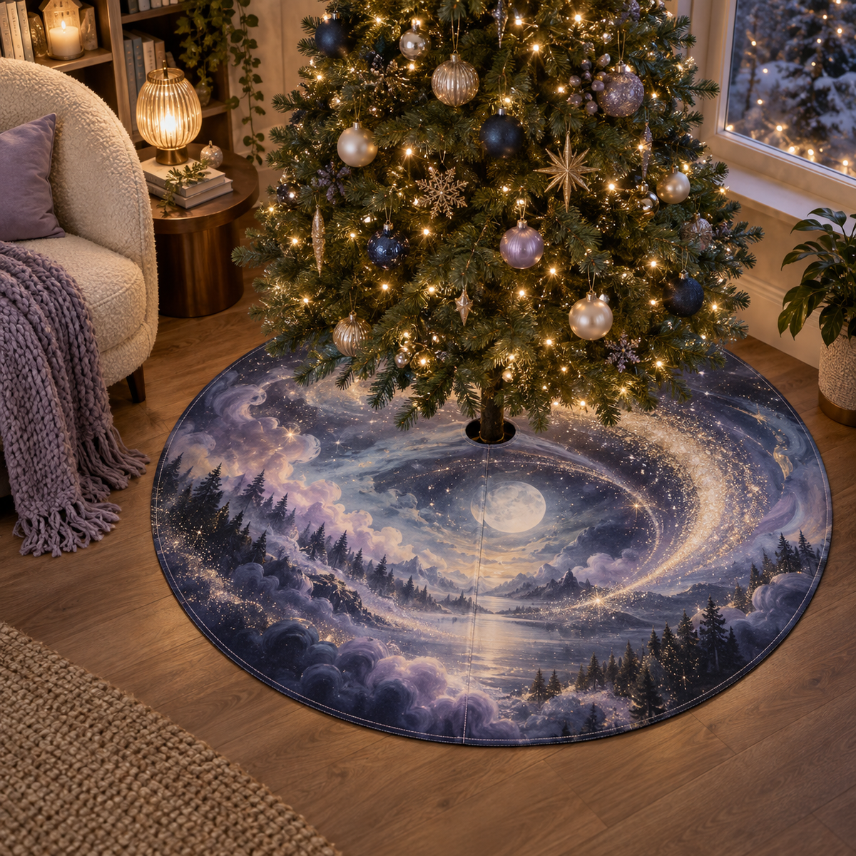 Comet Trail Quiet Corner Decoration Christmas Tree Skirt with flat printed optical 3D comet trail in charcoal blue dusty lavender mist blue pearl pale gold and serene quiet corner