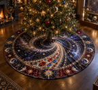 Comet Trail Collector Birthday Keepsake Christmas Tree Skirt with flat printed optical 3D jeweled comet trail in ruby sapphire antique gold icy white smoky violet in a refined astronomy collector setting