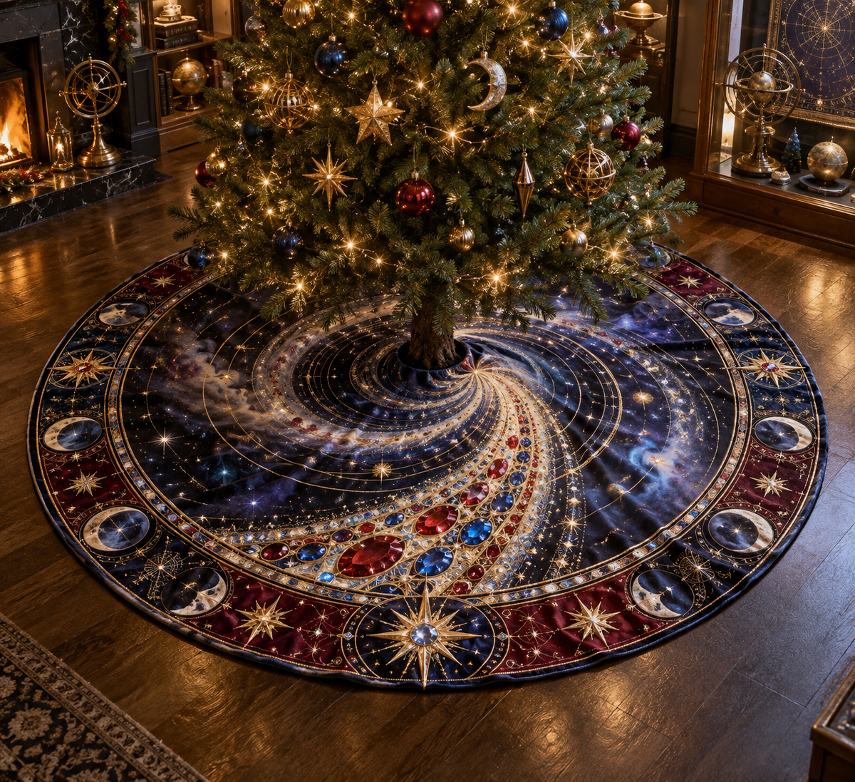 Comet Trail Collector Birthday Keepsake Christmas Tree Skirt with flat printed optical 3D jeweled comet trail in ruby sapphire antique gold icy white smoky violet in a refined astronomy collector setting