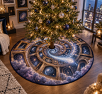Comet Trail Apartment Gallery Wall Christmas Tree Skirt with flat printed optical 3D comet trail in midnight navy icy blue smoky violet antique gold and pearl white in a compact apartment gallery setting