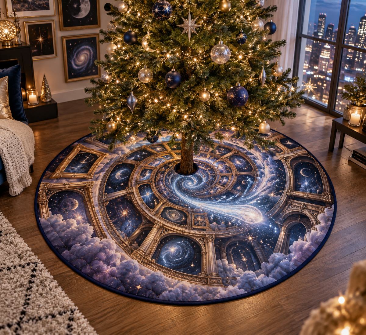 Comet Trail Apartment Gallery Wall Christmas Tree Skirt with flat printed optical 3D comet trail in midnight navy icy blue smoky violet antique gold and pearl white in a compact apartment gallery setting